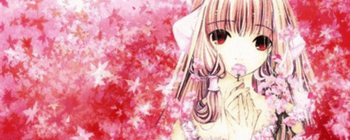 Chii from chobits in a red fall forest with leaves falling