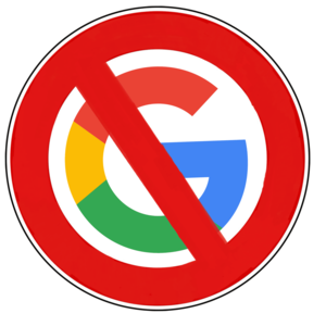 Google logo with a red circle and diagonal line through it, indicating no Google